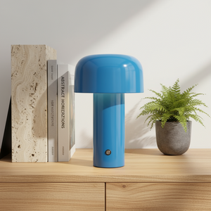 blue lamp on a wooden shelf with books and  a green plant