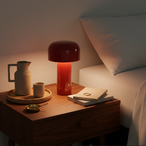 Wooden nightstand with a red lamp, white pitcher, and books in a bedroom setting.