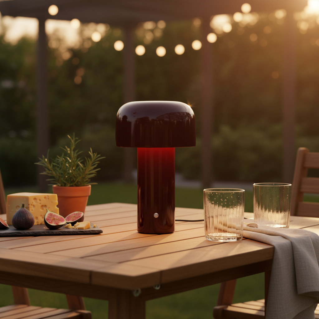 Outdoor table with a red mushroom-shaped lamp, two glasses, cheese, figs, and a potted plant at sunset