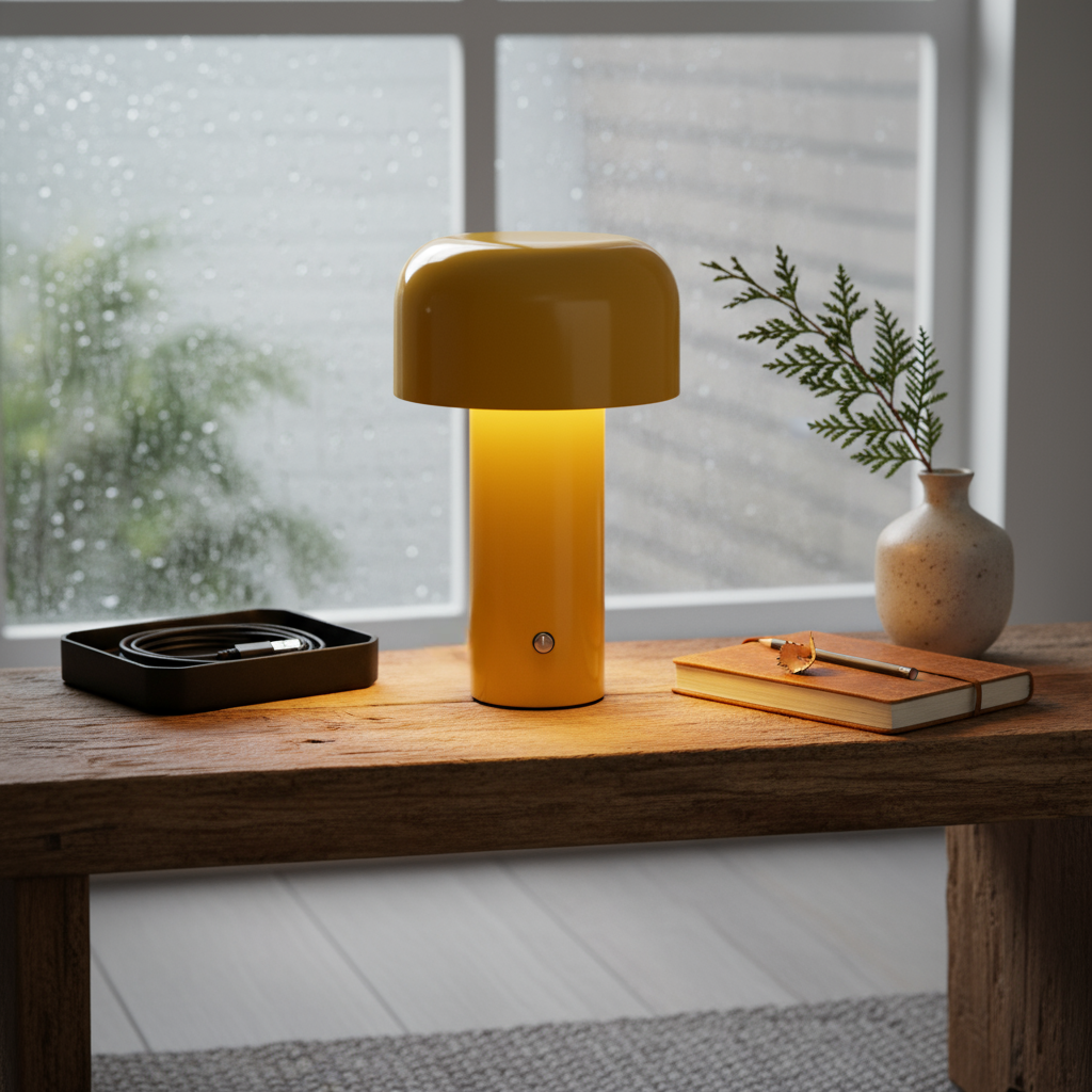 Yellow lamp on a wooden bench and minimalistic decoration