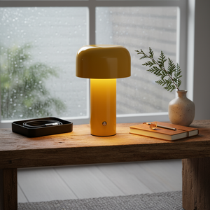 Yellow lamp on a wooden bench and minimalistic decoration