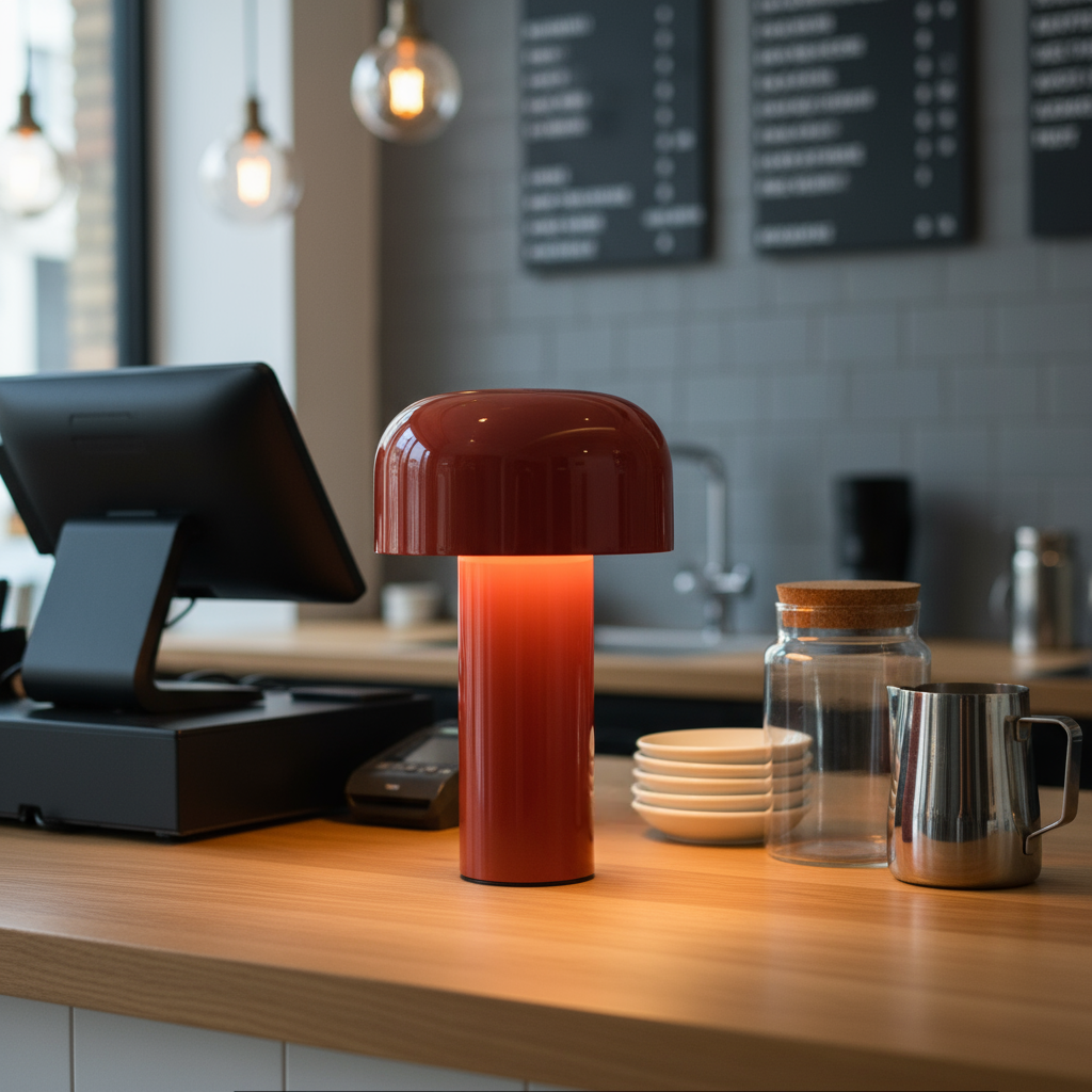 A red lamp on a counter with saucers and checkout