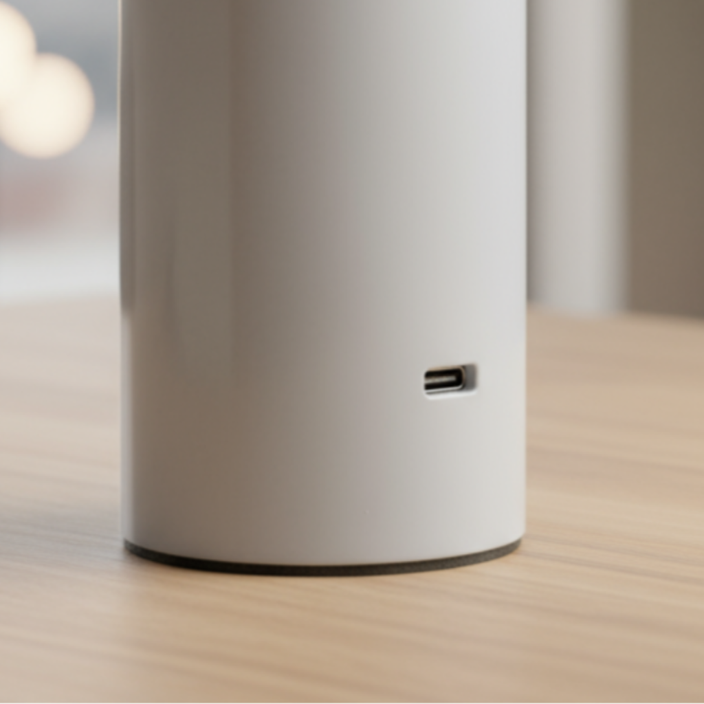 White cylindrical object on a wooden surface with blurred lights and plants in the background