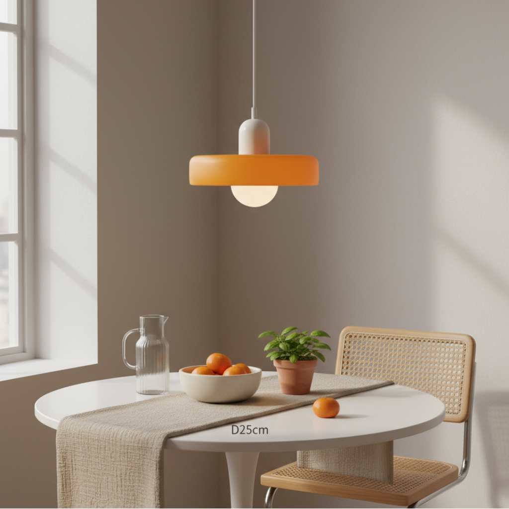 Modern office space with wooden desks, chairs, and pendant lights.