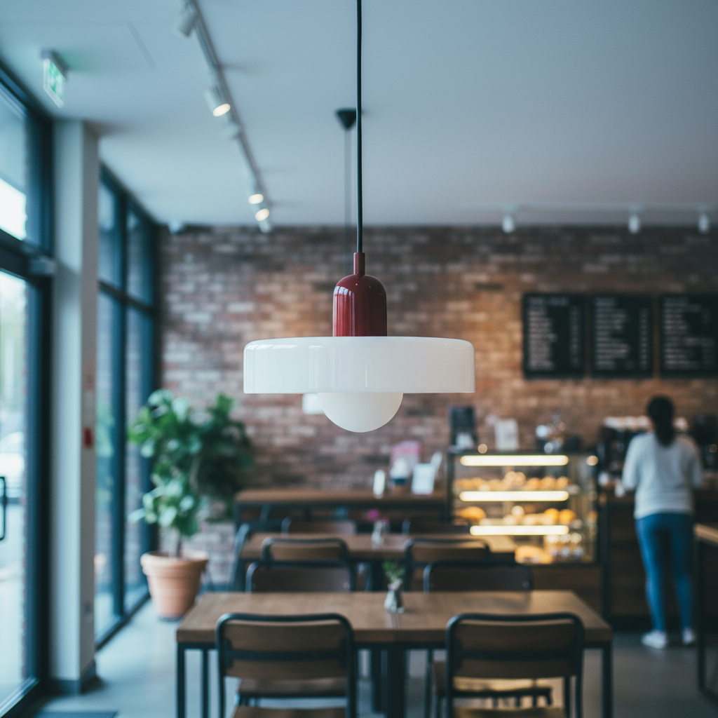 Interior of a modern cafe with wooden tables, chairs, and a hanging light fixture.