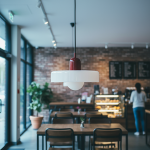 Interior of a modern cafe with wooden tables, chairs, and a hanging light fixture.