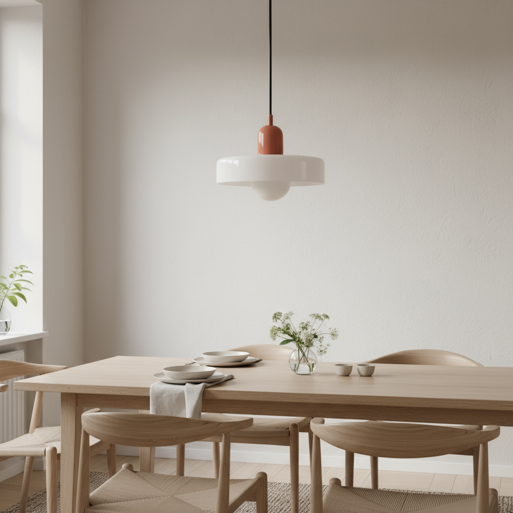 Dining room with wooden table and chairs, pendant light, and neutral wall.