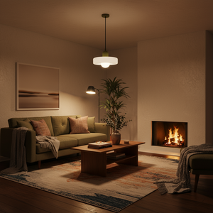 Cozy living room with a fireplace, green sofa, and wooden coffee table.