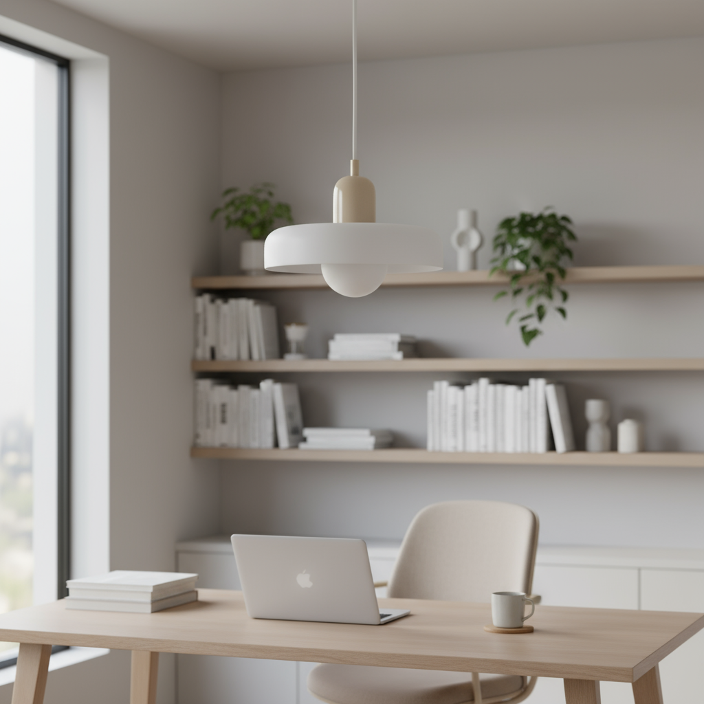 Modern home office with a desk, laptop, and shelves with books and decor.