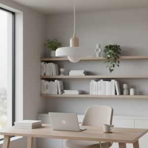 Modern home office with a desk, laptop, and shelves with books and decor.