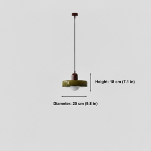 Pendant light with measurements on a white background