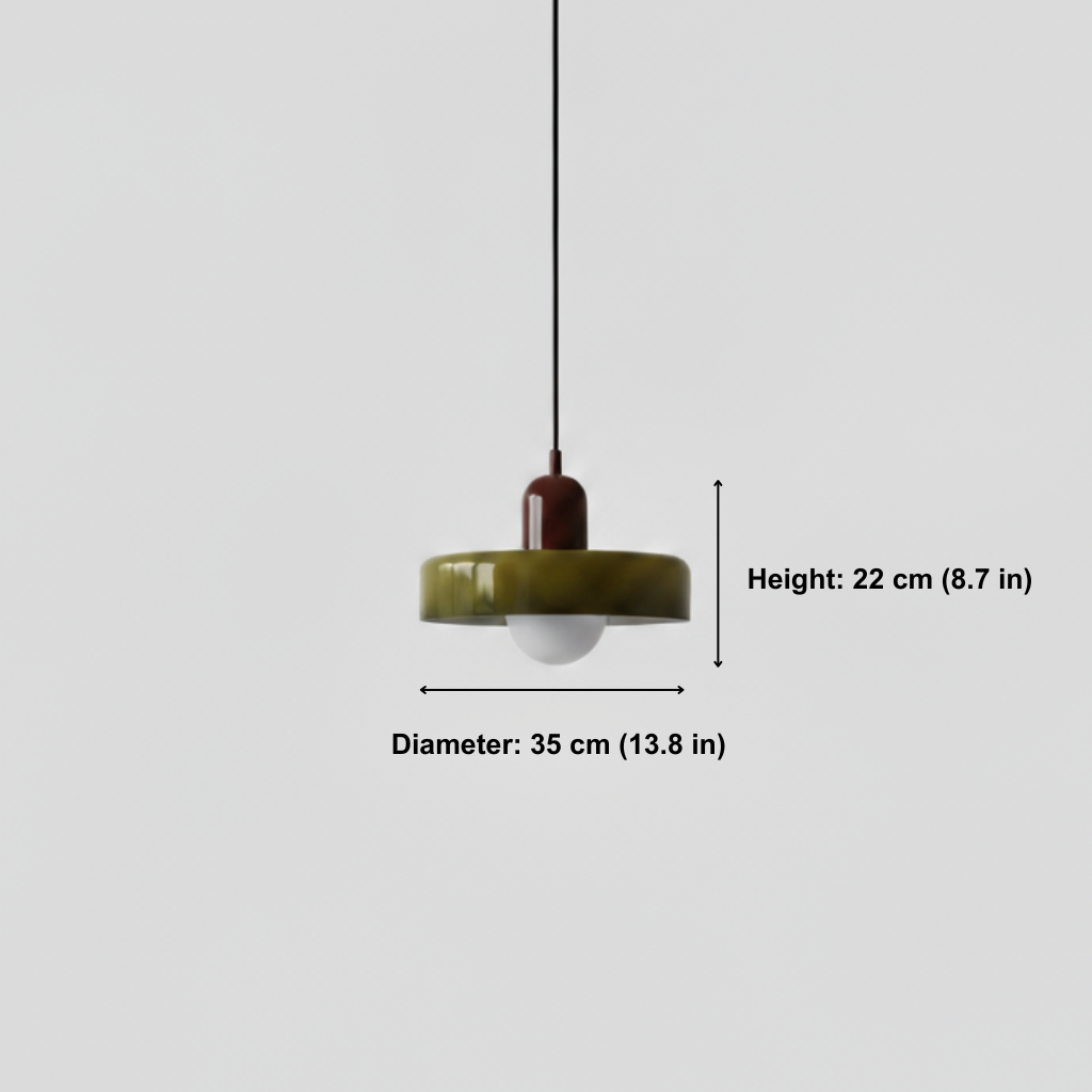 Pendant light with measurements on a white background