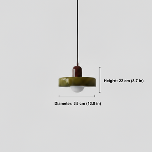 Pendant light with measurements on a white background