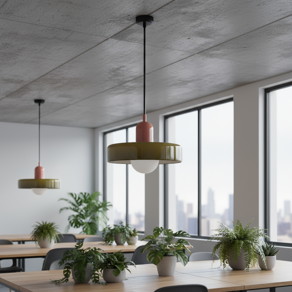 Modern office space with pendant lights and plants