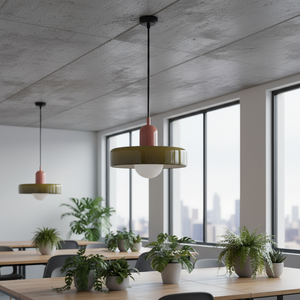 Modern office space with pendant lights and plants