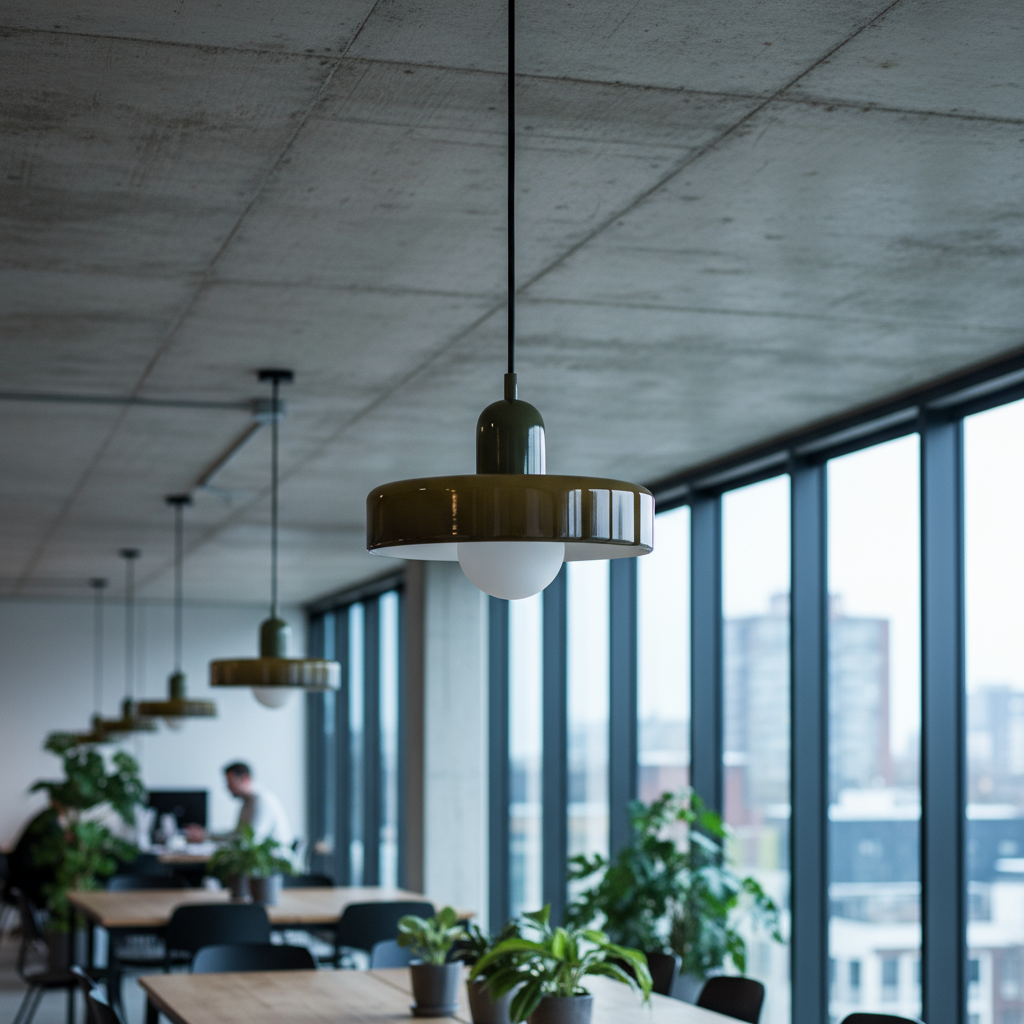 Modern office interior with pendant lights and large windows
