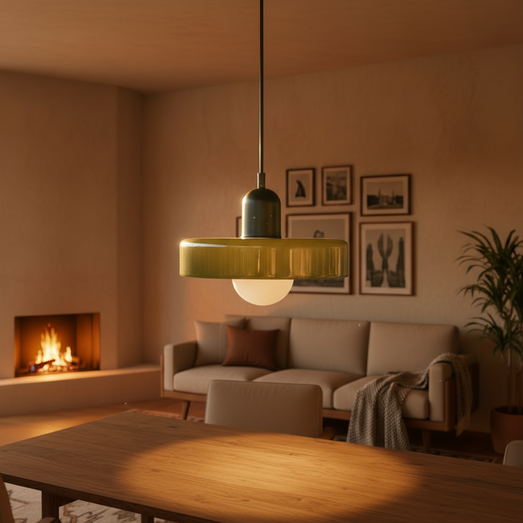 Cozy living room with a fireplace, sofa, and pendant light.
