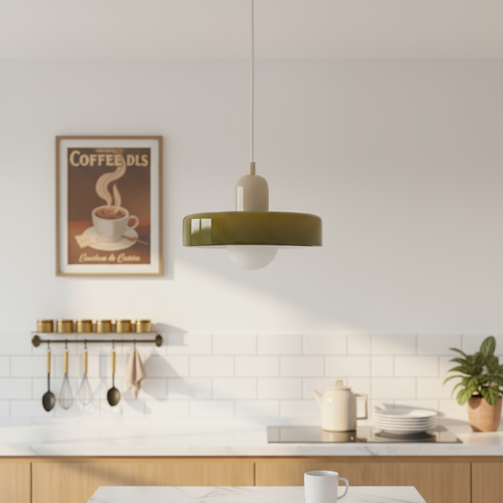 Kitchen interior with a green pendant light, coffee-themed poster, and kitchen utensils.