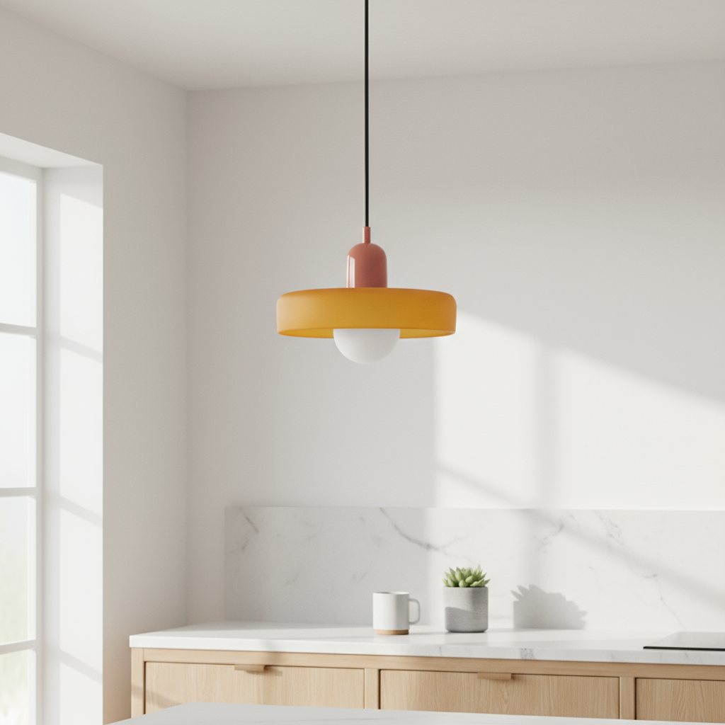 Yellow pendant light hanging above a kitchen counter with a neutral color scheme.