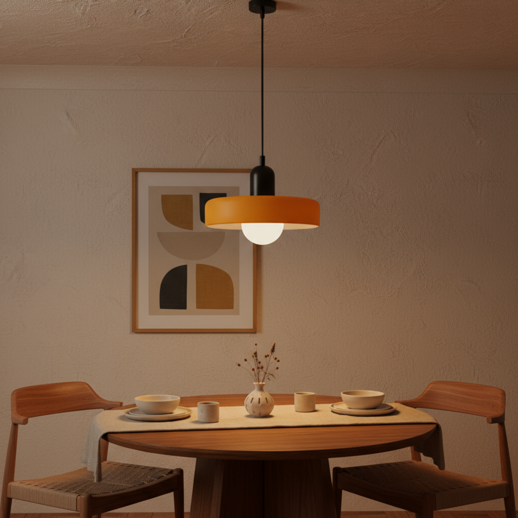 Dining area with a round table, chairs, and a pendant light fixture.