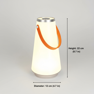White portable lamp with an orange handle on a gray background, showing dimensions.