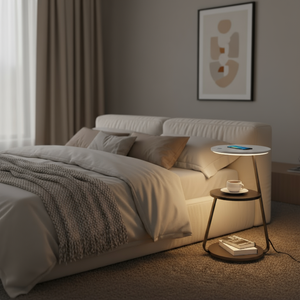 Modern bedroom with beige sofa, bed, and side table with a lamp.