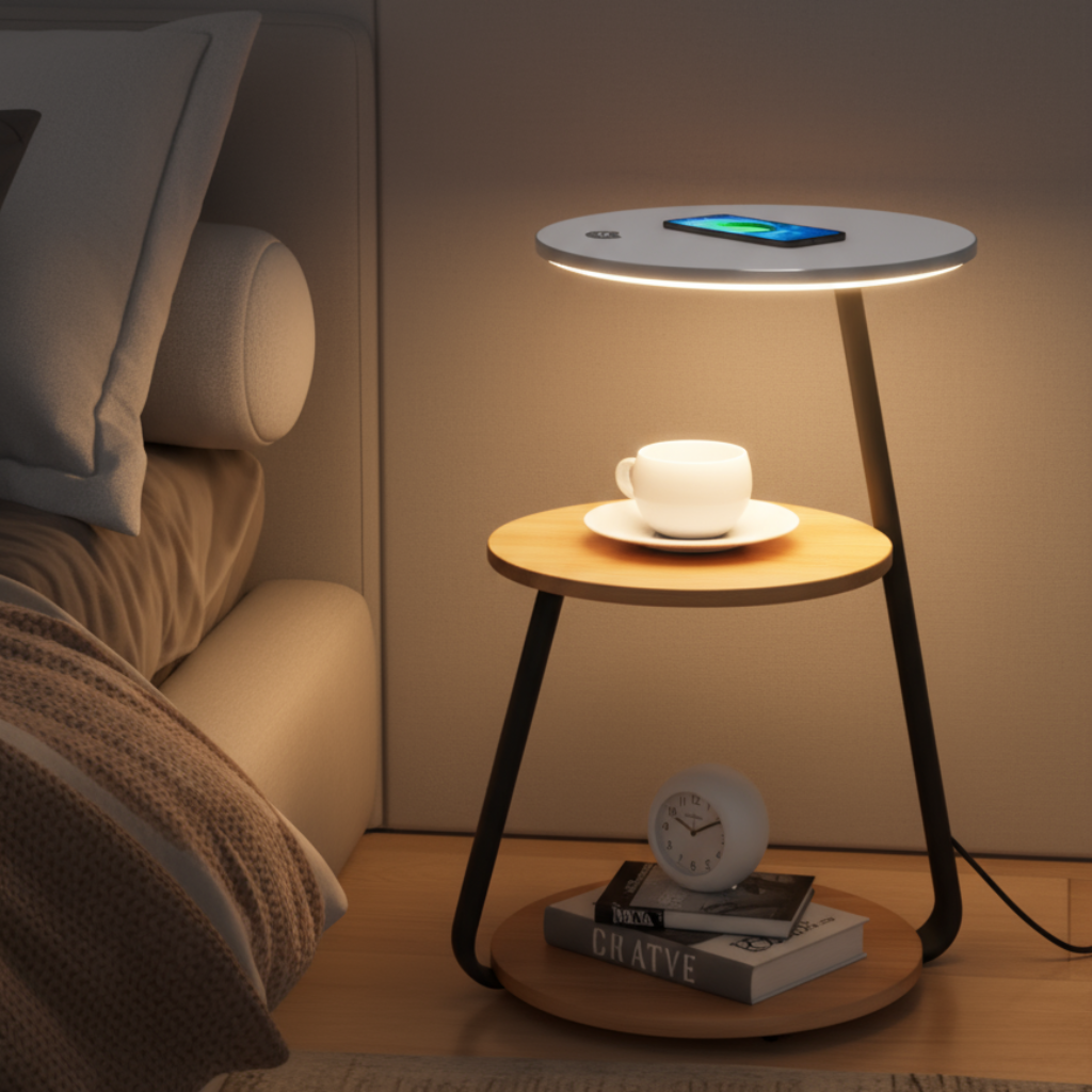 Modern nightstand with a lighted surface, cup, and smartphone in a bedroom setting.
