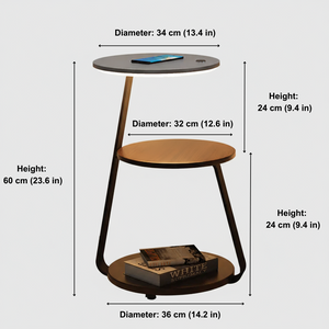 Measurement chart of a three-tiered side table with dimensions labeled.