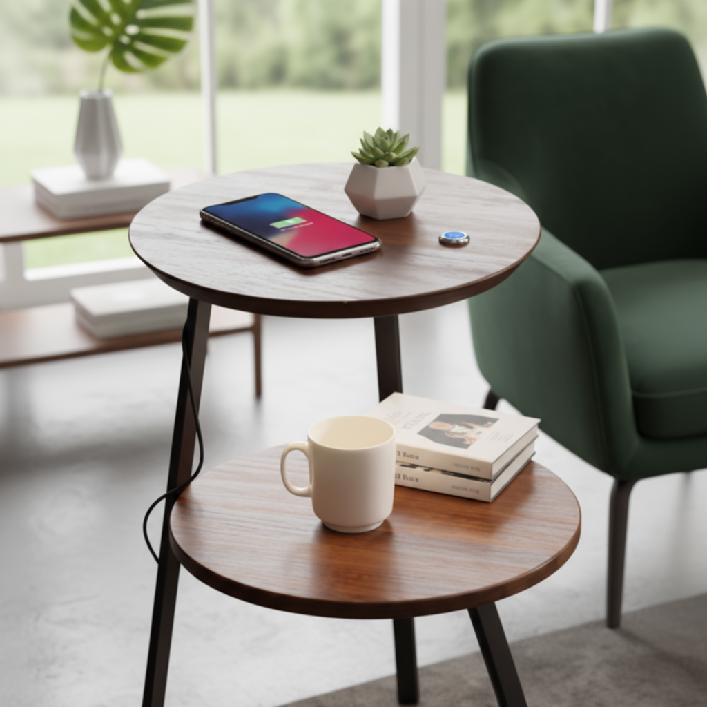 Small wooden side table with a mug, phone, and books in a modern living room.