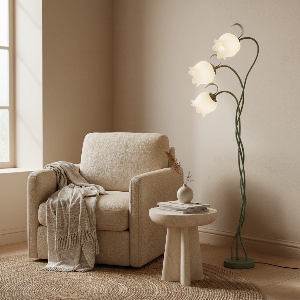 Beige armchair with a blanket, small table, and floor lamp in a cozy room.