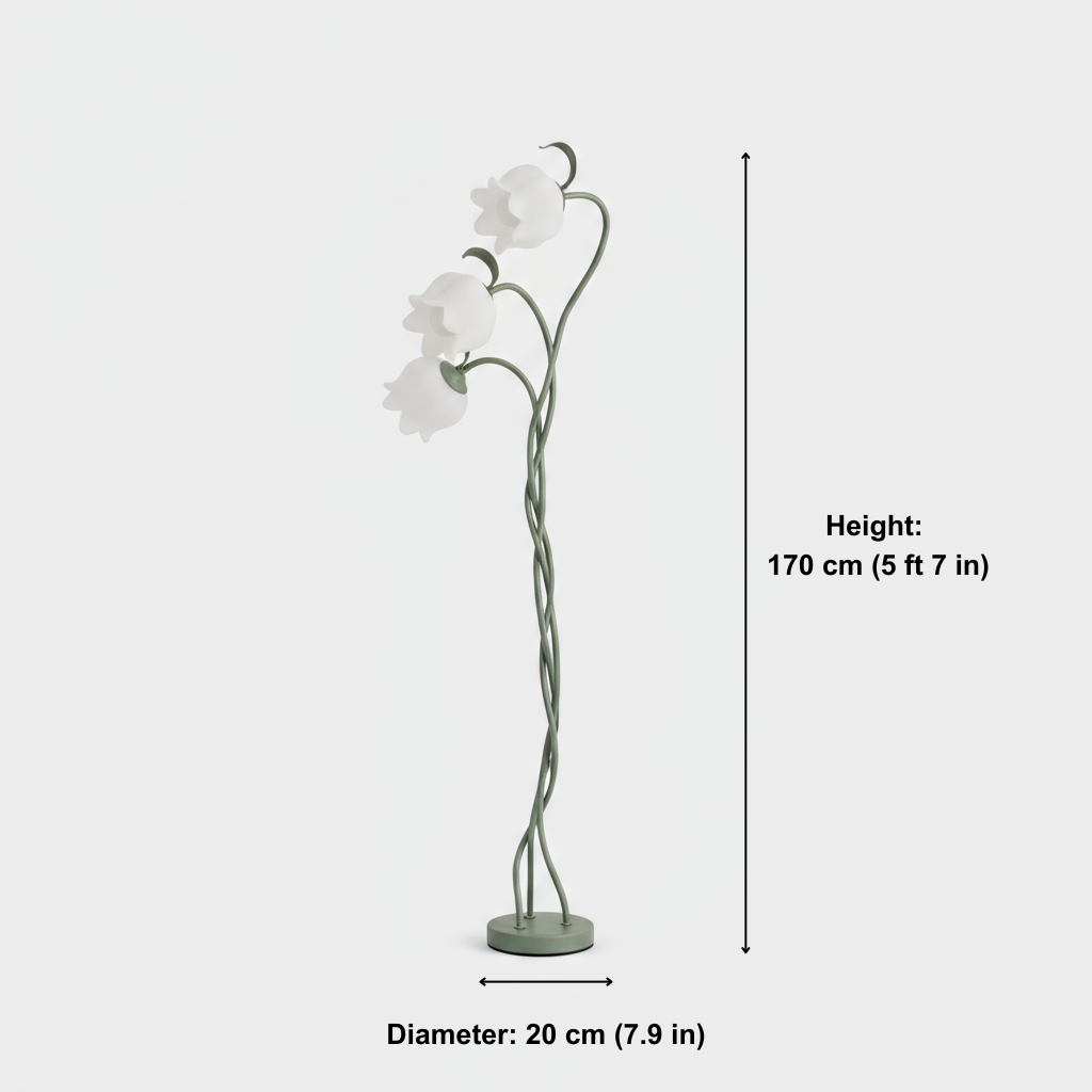 Floral floor lamp with measurements on a white background