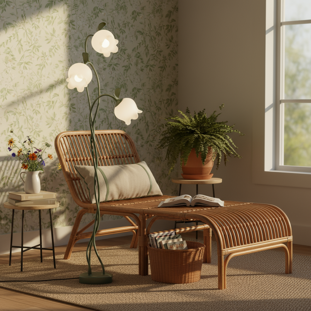Living room with wicker furniture, floor lamp, and plants