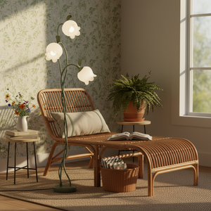 Living room with wicker furniture, floor lamp, and plants