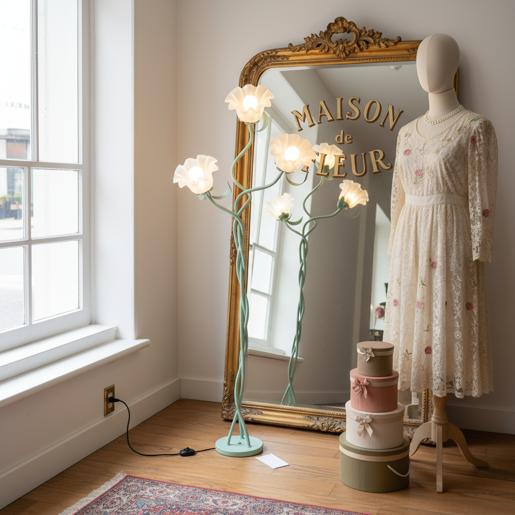 Decorative room with a large mirror, floral lamp, and mannequin wearing a dress.