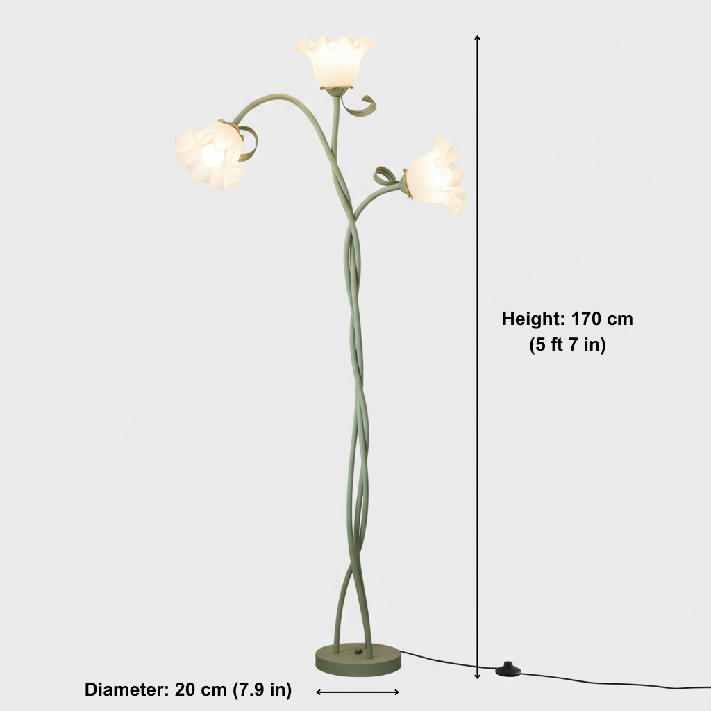 Floor lamp with three lights on a white background, showing measurements.