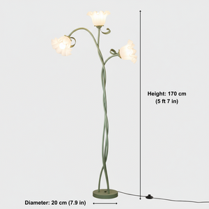 Floor lamp with three lights on a white background, showing measurements.