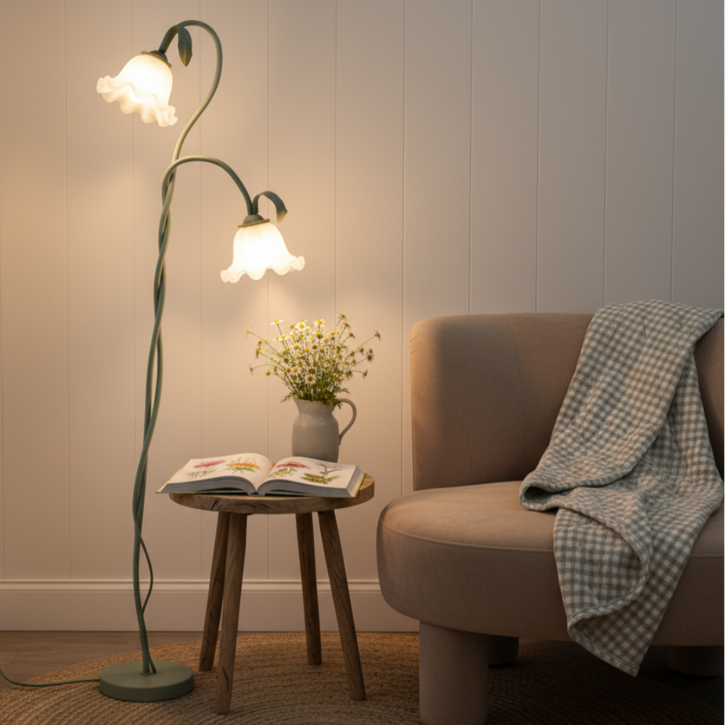 Cozy living room with a floor lamp, chair, and small table.