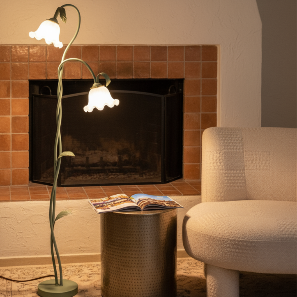 Floor lamp with floral design next to a fireplace and chair in a cozy room.