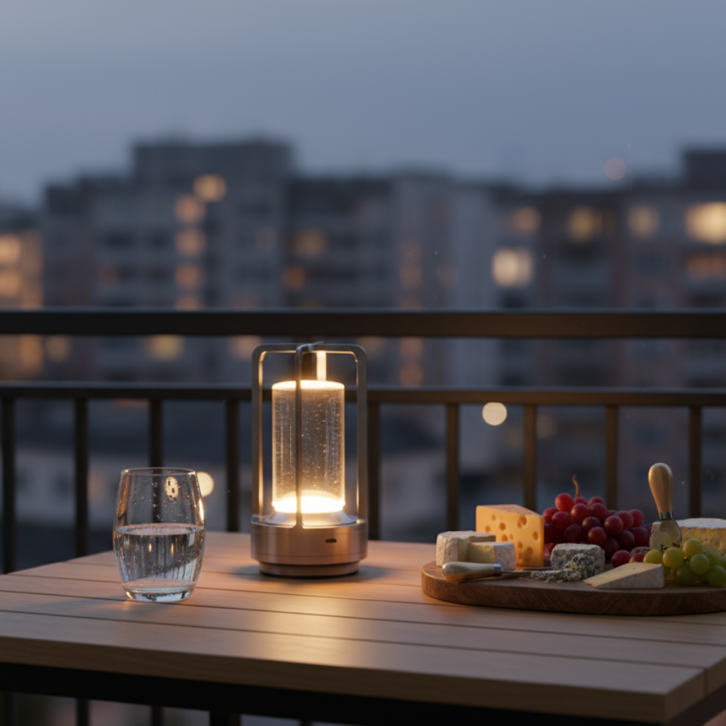 Dining table setup with candle lanterns, glasses, and food on a balcony at night.