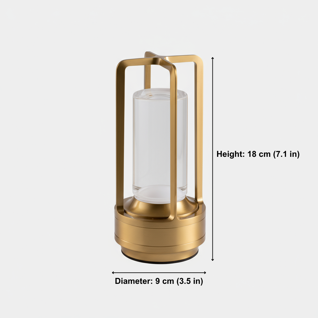 Gold lantern with clear glass shade and dimensions on a white background