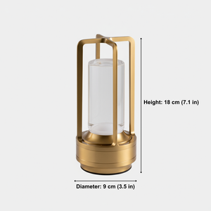 Gold lantern with clear glass shade and dimensions on a white background
