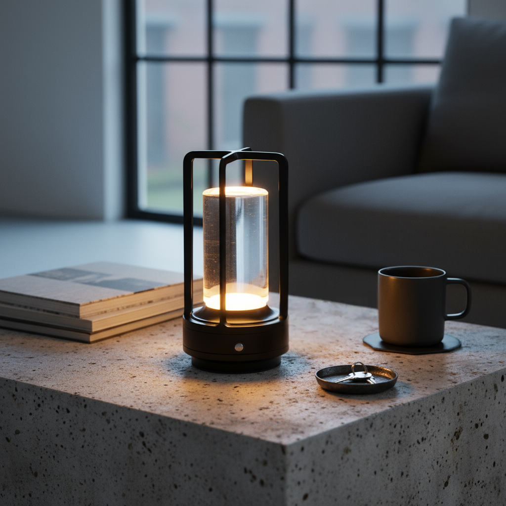 Candle lantern on a stone surface with a cup and books in a modern living room.