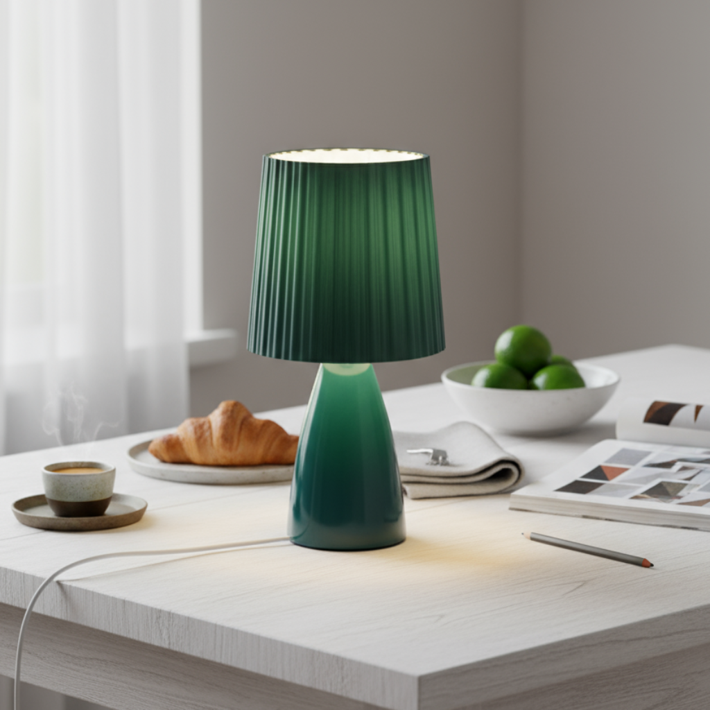 Green table lamp on a white table with croissants, coffee, and a bowl of limes.
