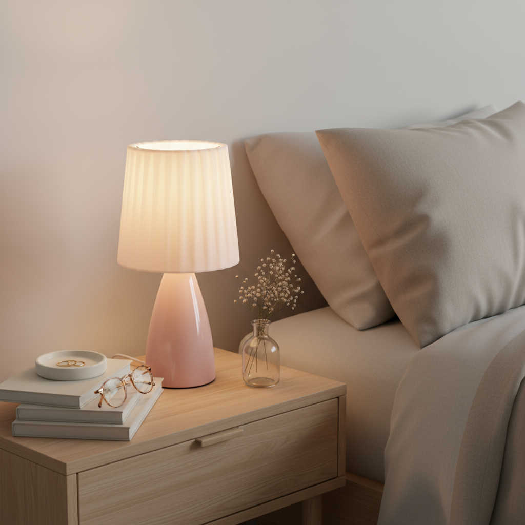 Pink lamp on a wooden nightstand next to a bed with beige pillows.