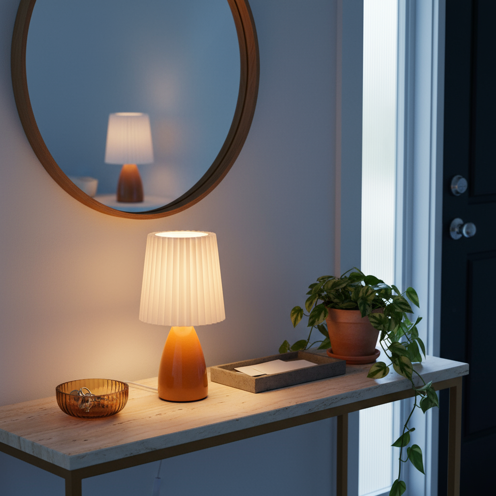 Table with a lamp, plant, and decorative items in a room setting.