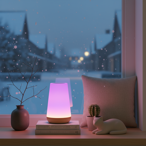 Decorative night light on a windowsill with a cityscape in the background