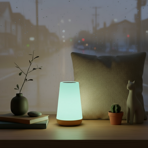 Futuristic night light on a table with decorative items and a cityscape in the background