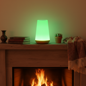 Green glowing lamp on a wooden surface with a fireplace in the background