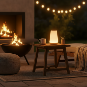 Outdoor evening setting with a fire pit, wooden table, and string lights.