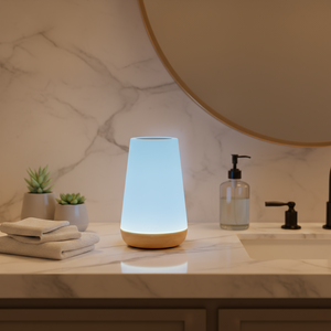 Smart lamp on a bathroom counter with marble wall and sink in the background